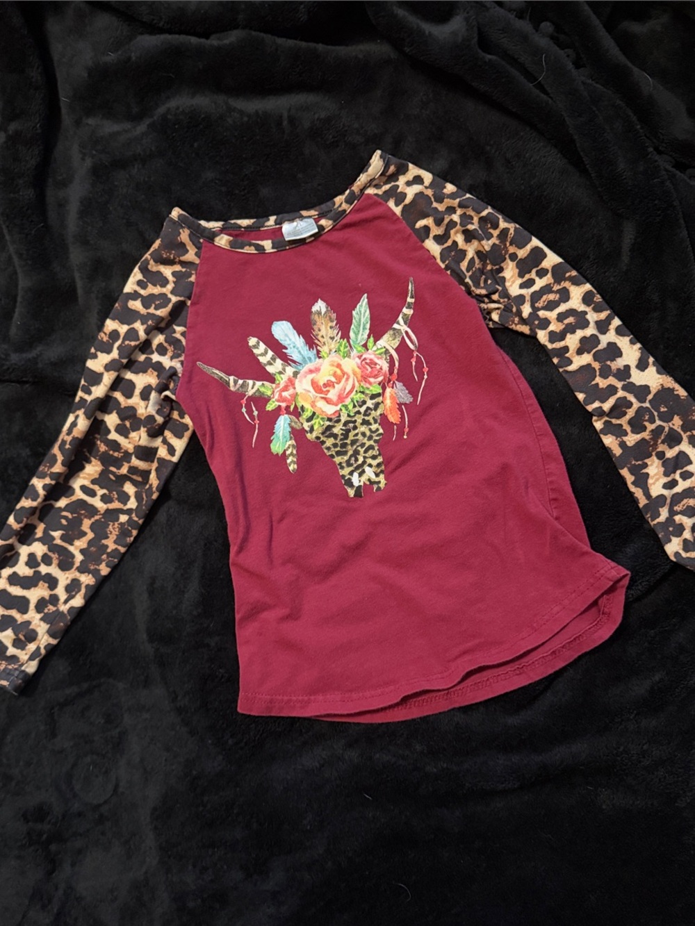 Girls' Burgundy Floral Skull Raglan Top with Leopard Print Sleeves